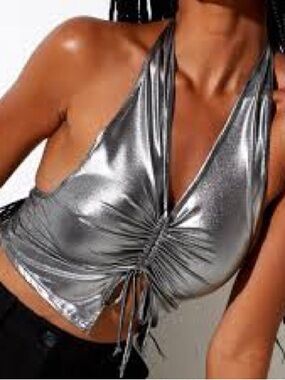 Motel Rocks Metallic Silver Halter Drawcord Camisole